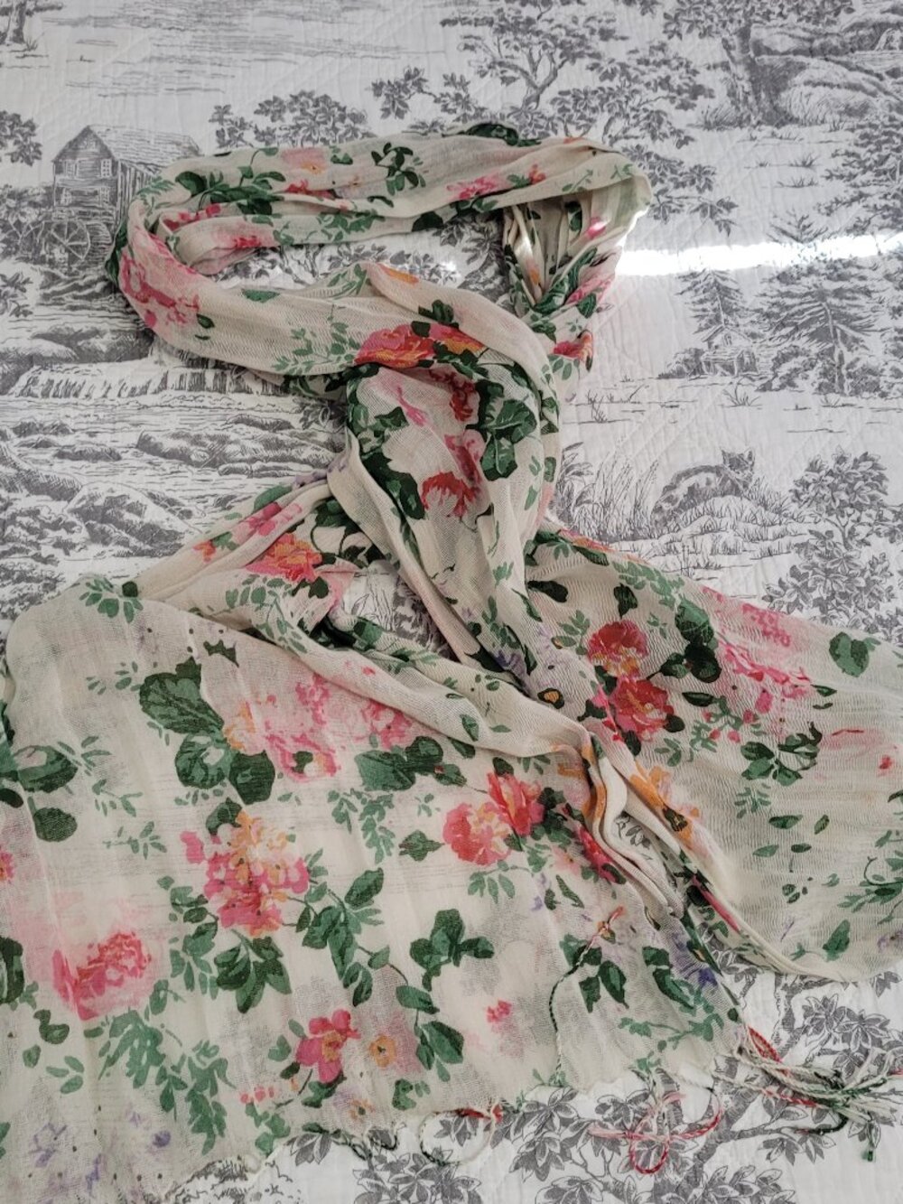 Ultra Pink Fall or Spring Flowers Rayon Scarf Green Red, Pink on Ecru 20" x 74"